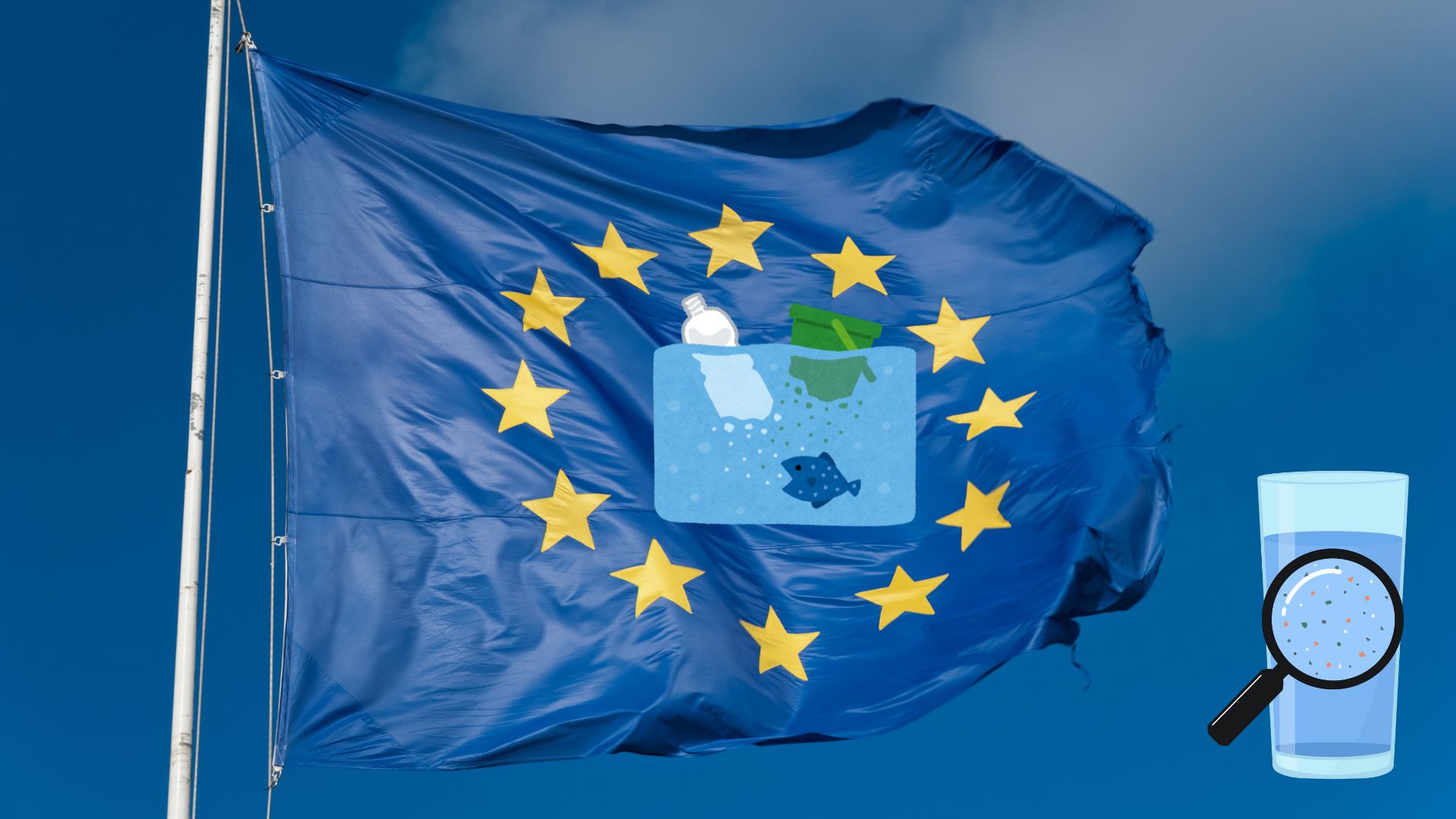 Bandiera Unione Europea con immagini microplastiche