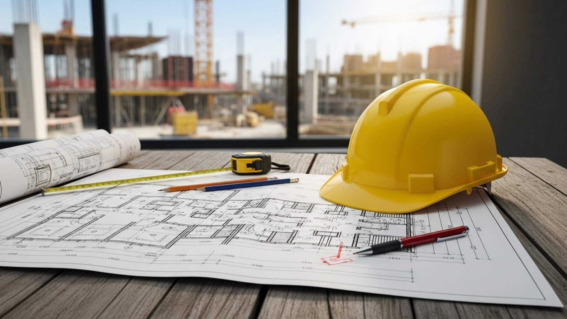 Progetto di un cantiere su un tavolo con elemetto giallo da lavoro appoggiato sopra e un cantiere sullo sfondo che si vede dalla finestra con gru montate.