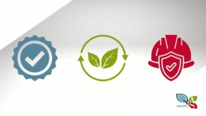 Tre simboli che rappresentano le normative in materia di qualità, ambiente e sicurezza