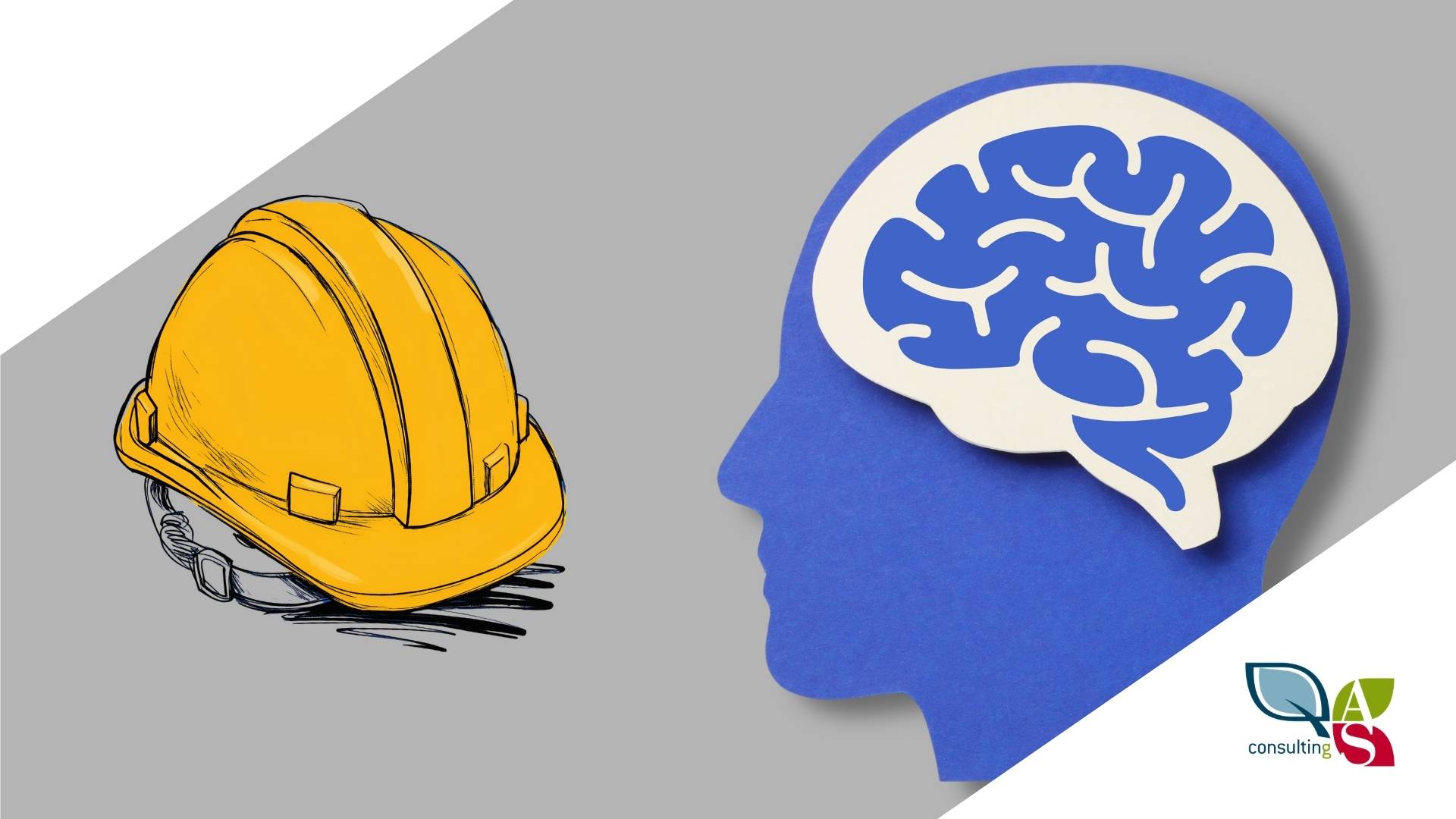 Immagine di una testa umana stilizzata, dove si vede anche il cervello (che sta a simboleggiare la salute mentale) e affianco un caschetto di sicurezza (per la sicurezza sul lavoro)
